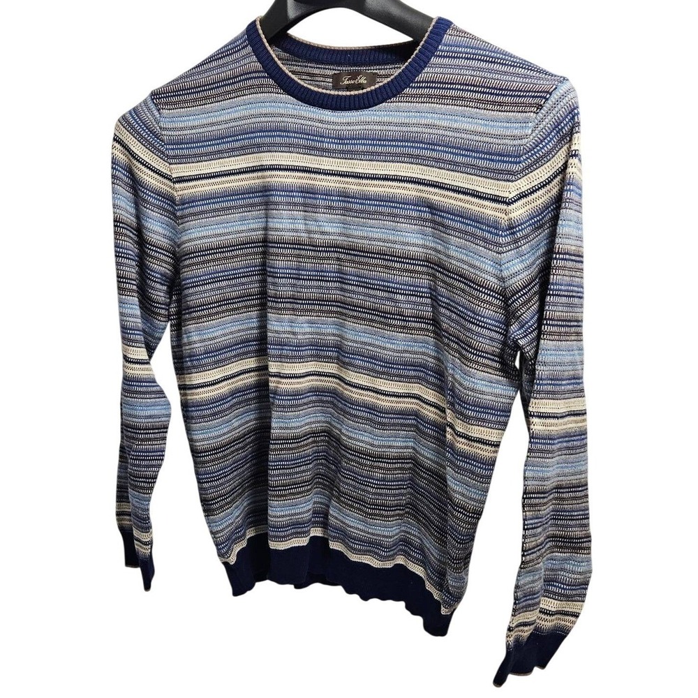 Tasso Elba Mens Blue‎ Striped Cotton Silk Cashmere Crewneck Sweater Large HO20